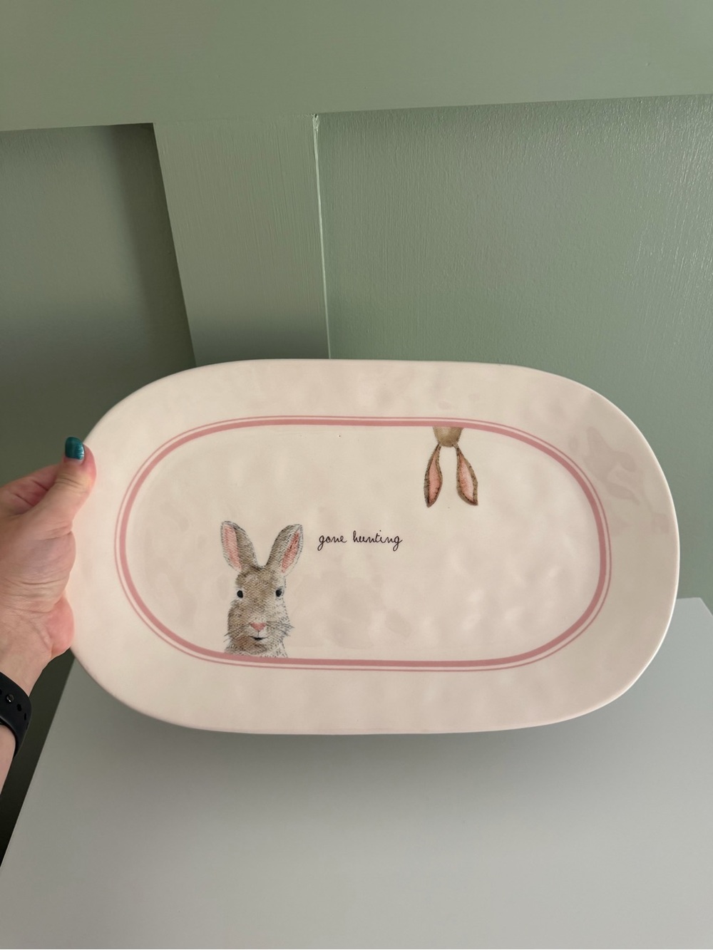 Rae Dunn Artisan Collection by Magenta Oval Ceramic Platter Rabbit Pink/White